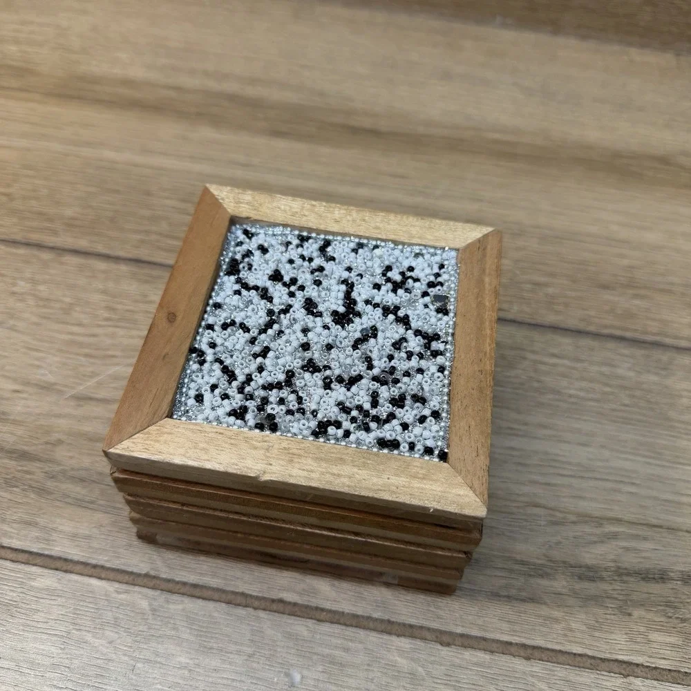 Boho Wooden Square Coasters Black White Glass Bead Mosaic Inlay Set of 4 MCM